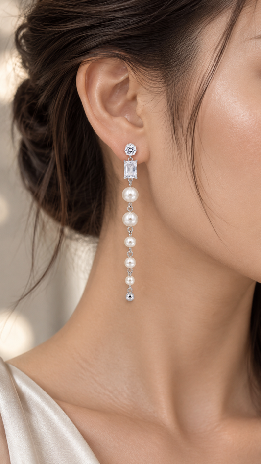 Graduated Pearl Long Drop Earrings