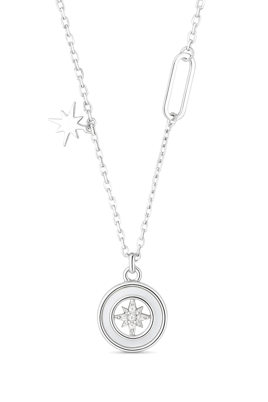 925 Silver Star Compass Pendant Necklace for Women – Trendy CZ Charm Chain Design