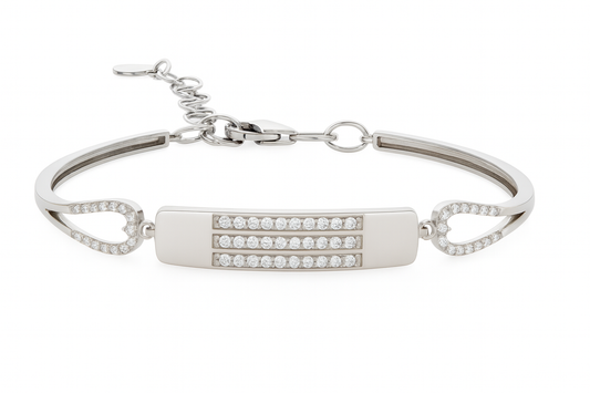 Silver Triple-Row CZ Plate Bracelet with Heart-Cut Sides