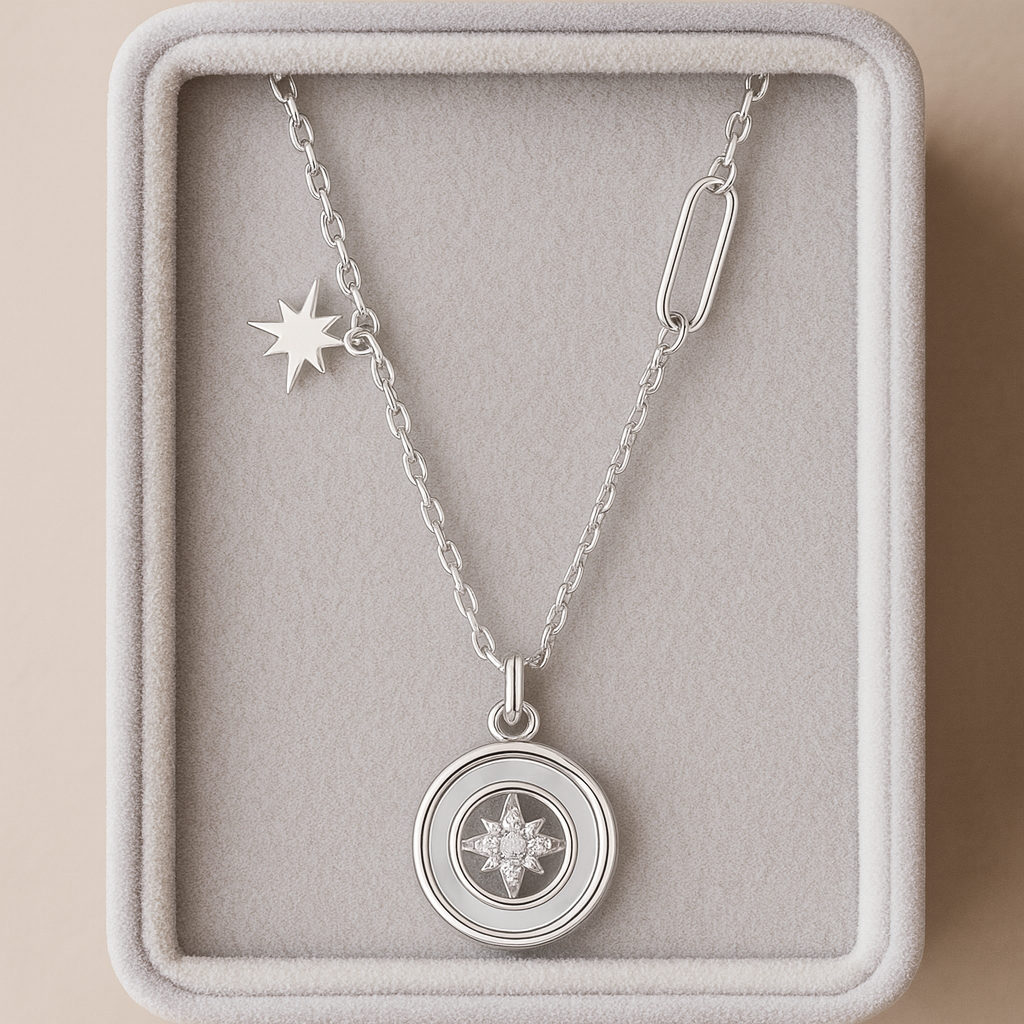 925 Silver Star Compass Pendant Necklace for Women – Trendy CZ Charm Chain Design