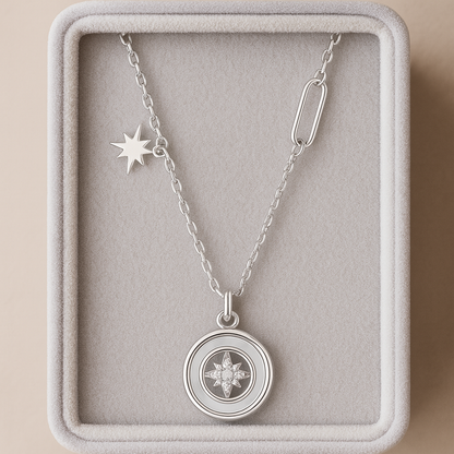 925 Silver Star Compass Pendant Necklace for Women – Trendy CZ Charm Chain Design
