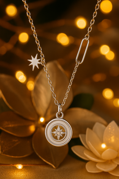 925 Silver Star Compass Pendant Necklace for Women – Trendy CZ Charm Chain Design