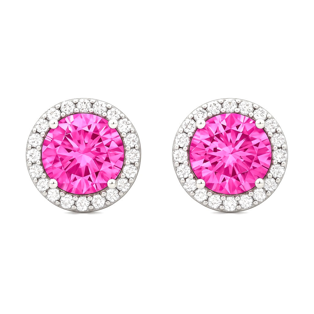 Pink Halo Round Stud Earrings for Women | Sparkling CZ Stone with Diamond-Cut Halo | Daily Wear Elegant Earrings