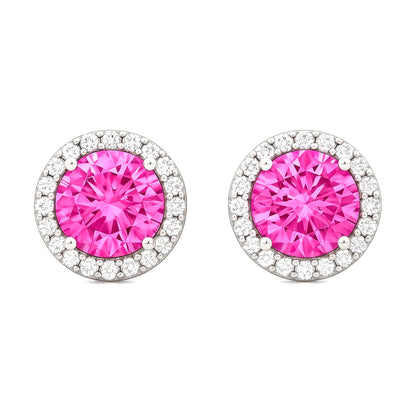 Pink Halo Round Stud Earrings for Women | Sparkling CZ Stone with Diamond-Cut Halo | Daily Wear Elegant Earrings