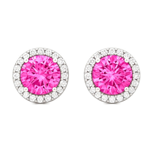 Pink Halo Round Stud Earrings for Women | Sparkling CZ Stone with Diamond-Cut Halo | Daily Wear Elegant Earrings