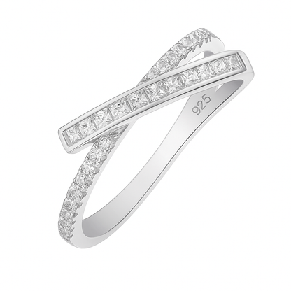 Elegant Crossover Design 925 Silver Band Ring with Sparkling Stones