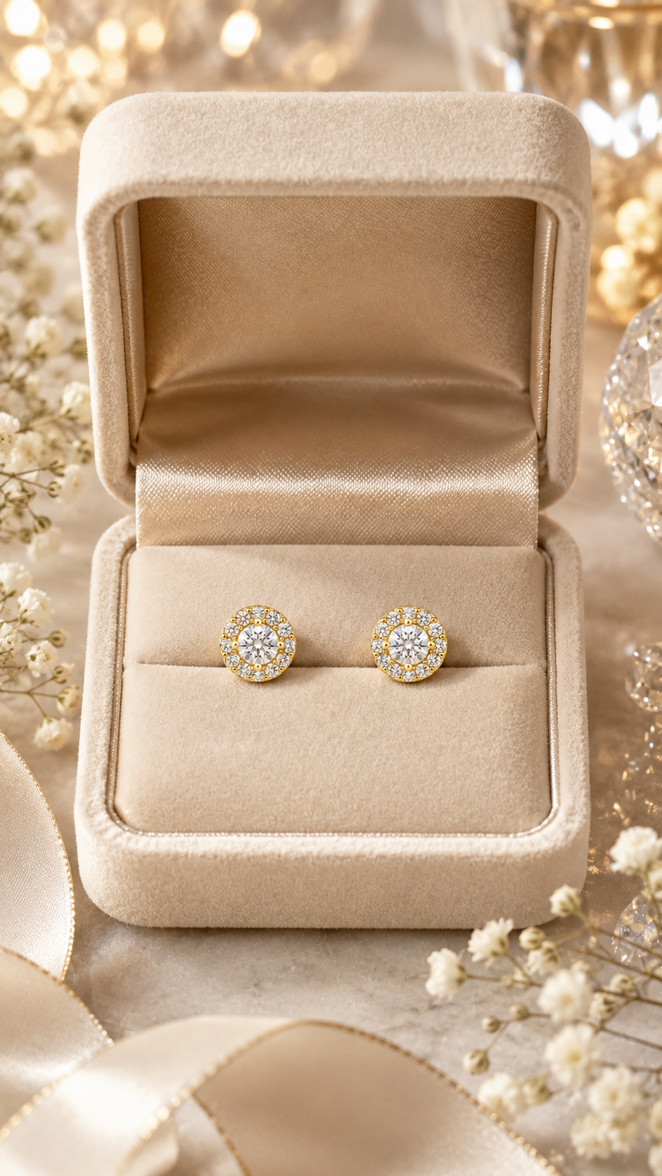 Gold Round CZ Halo Stud Earrings for Women
