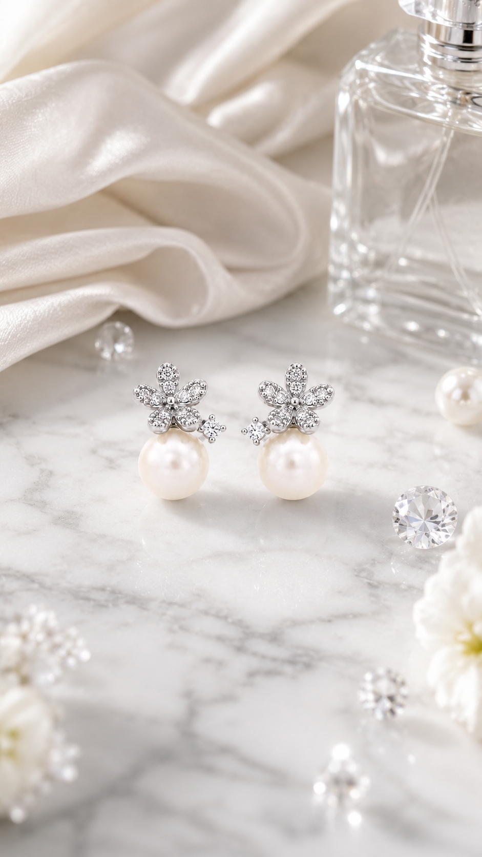 Silver Floral CZ Pearl Drop Stud Earrings for Women
