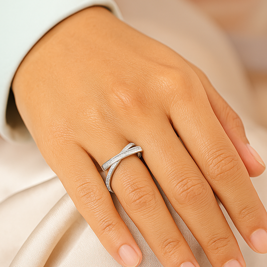 Elegant Crossover Design 925 Silver Band Ring with Sparkling Stones