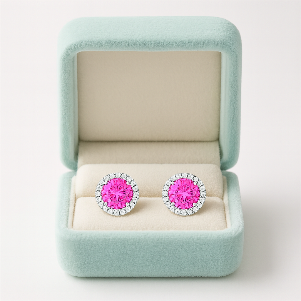 Pink Halo Round Stud Earrings for Women | Sparkling CZ Stone with Diamond-Cut Halo | Daily Wear Elegant Earrings