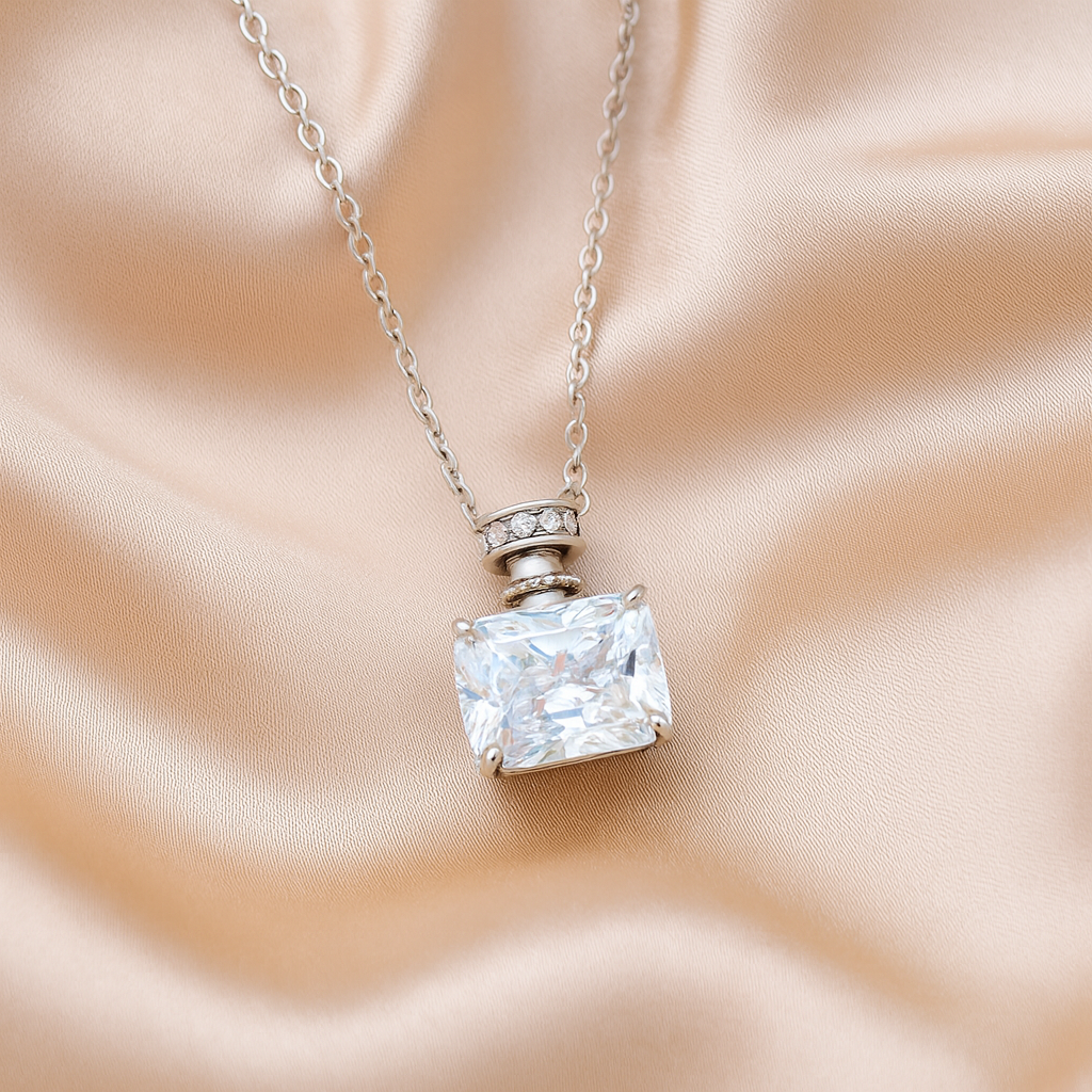 Silver Plated Rectangular Solitaire Pendant Necklace for Women – Elegant CZ Stone Chain