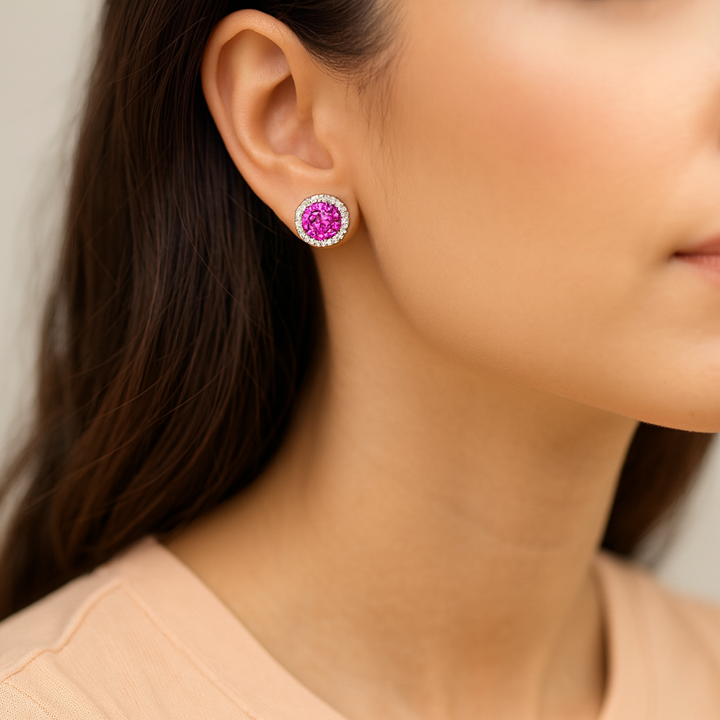 Pink Halo Round Stud Earrings for Women | Sparkling CZ Stone with Diamond-Cut Halo | Daily Wear Elegant Earrings