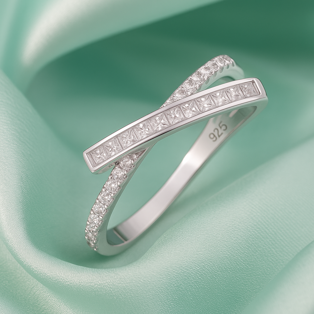 Elegant Crossover Design 925 Silver Band Ring with Sparkling Stones