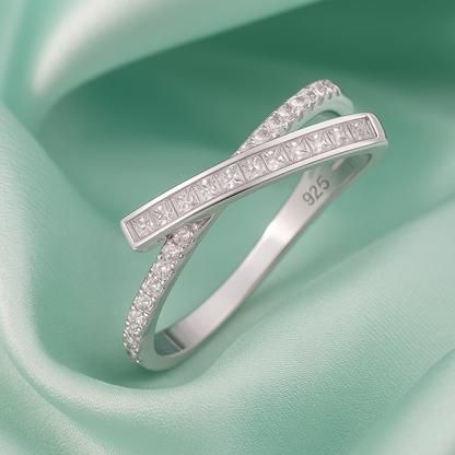 Elegant Crossover Design 925 Silver Band Ring with Sparkling Stones