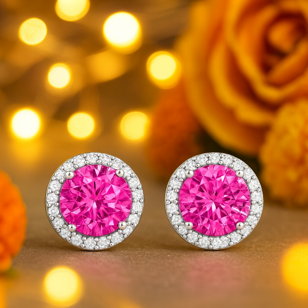 Pink Halo Round Stud Earrings for Women | Sparkling CZ Stone with Diamond-Cut Halo | Daily Wear Elegant Earrings