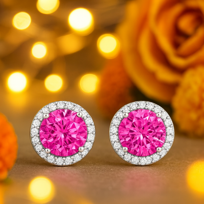 Pink Halo Round Stud Earrings for Women | Sparkling CZ Stone with Diamond-Cut Halo | Daily Wear Elegant Earrings