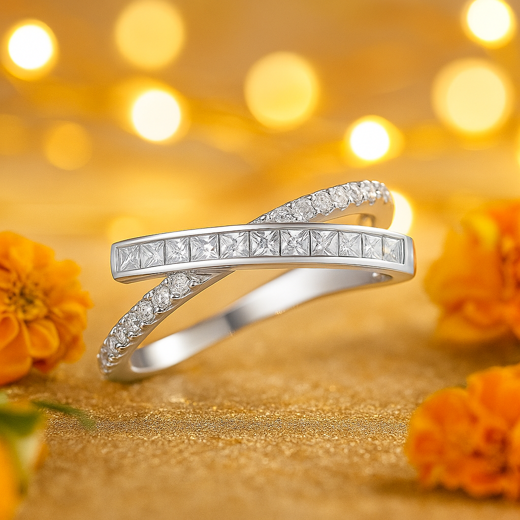 Elegant Crossover Design 925 Silver Band Ring with Sparkling Stones