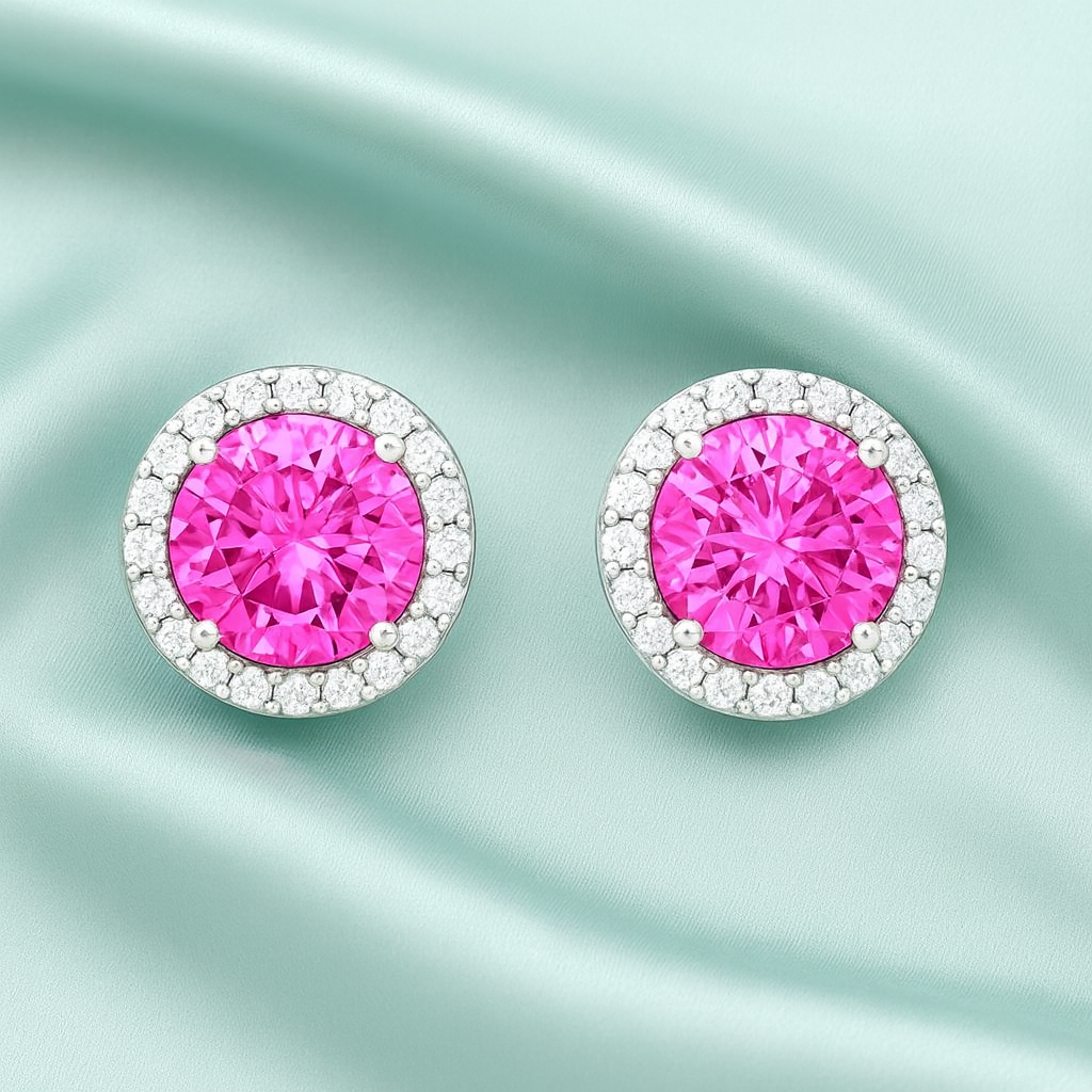 Pink Halo Round Stud Earrings for Women | Sparkling CZ Stone with Diamond-Cut Halo | Daily Wear Elegant Earrings