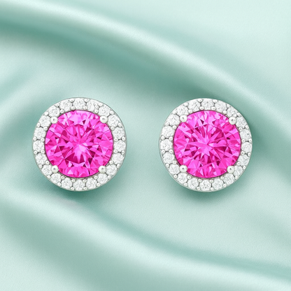 Pink Halo Round Stud Earrings for Women | Sparkling CZ Stone with Diamond-Cut Halo | Daily Wear Elegant Earrings