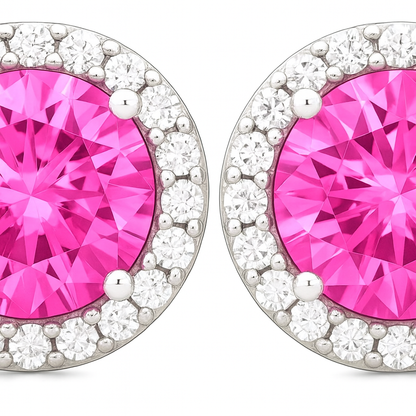 Pink Halo Round Stud Earrings for Women | Sparkling CZ Stone with Diamond-Cut Halo | Daily Wear Elegant Earrings