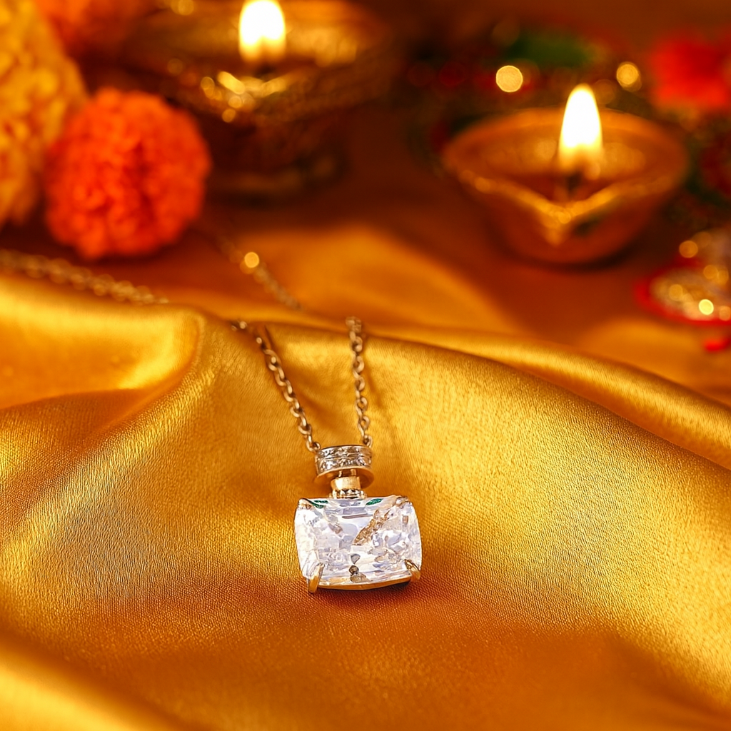 Silver Plated Rectangular Solitaire Pendant Necklace for Women – Elegant CZ Stone Chain