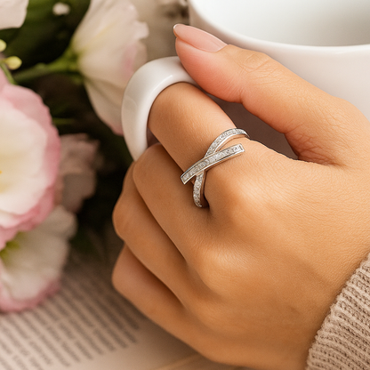 Elegant Crossover Design 925 Silver Band Ring with Sparkling Stones