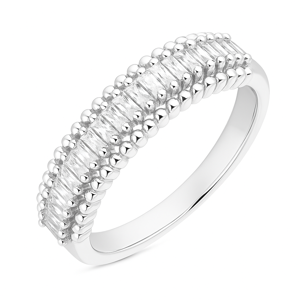 Classic Beaded Edge 925 Silver Ring with Baguette Zircon Stones