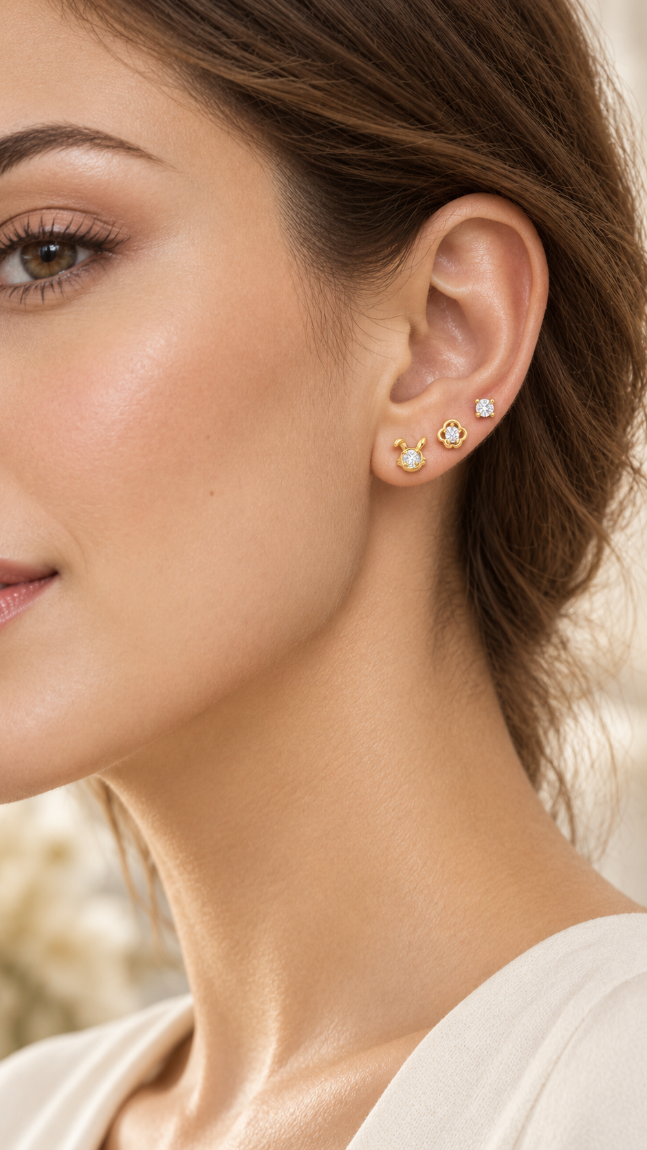Bunny, Clover & Solitaire Stud Earrings Set - Aaryahi Silver jewellery product photo