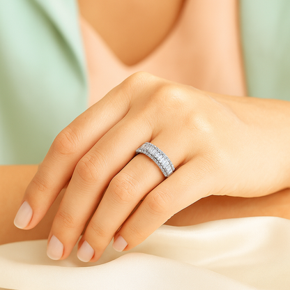Classic Beaded Edge 925 Silver Ring with Baguette Zircon Stones