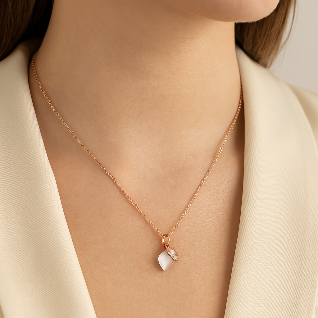 Rose Gold Teardrop Pearl Pendant Necklace for Women – 925 Silver Chain with CZ Crystal Design