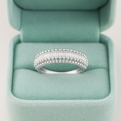 Classic Beaded Edge 925 Silver Ring with Baguette Zircon Stones