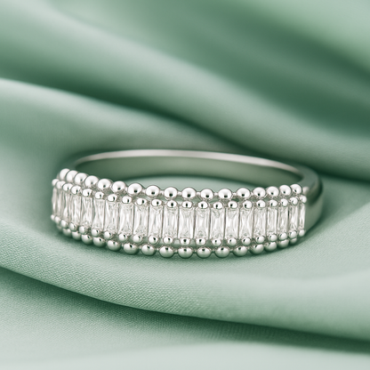 Classic Beaded Edge 925 Silver Ring with Baguette Zircon Stones