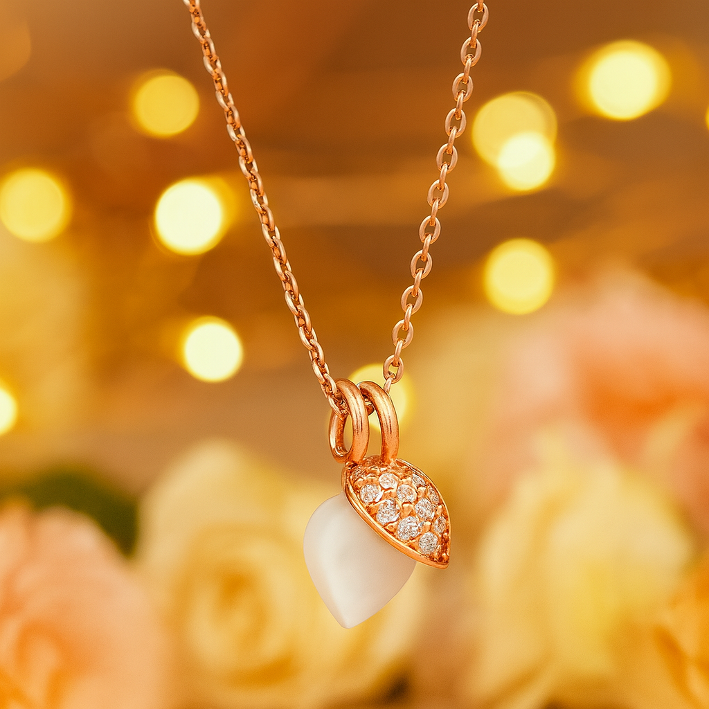 Rose Gold Teardrop Pearl Pendant Necklace for Women – 925 Silver Chain with CZ Crystal Design