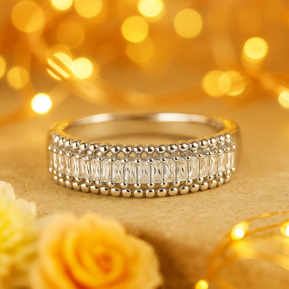 Classic Beaded Edge 925 Silver Ring with Baguette Zircon Stones