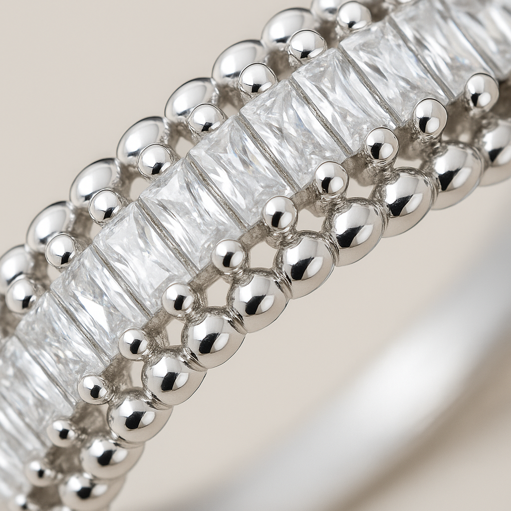 Classic Beaded Edge 925 Silver Ring with Baguette Zircon Stones