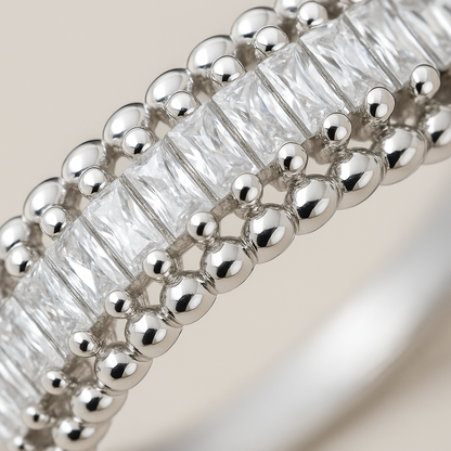Classic Beaded Edge 925 Silver Ring with Baguette Zircon Stones