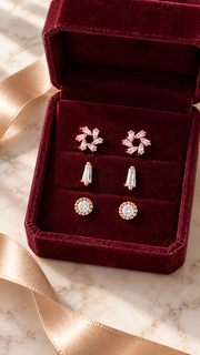 Floral Cluster, Baguette Round Solitaire Earrings Set - Aaryahi Silver jewellery product photo
