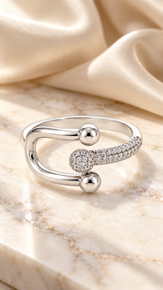 Silver CZ Double Ball Open Adjustable Ring