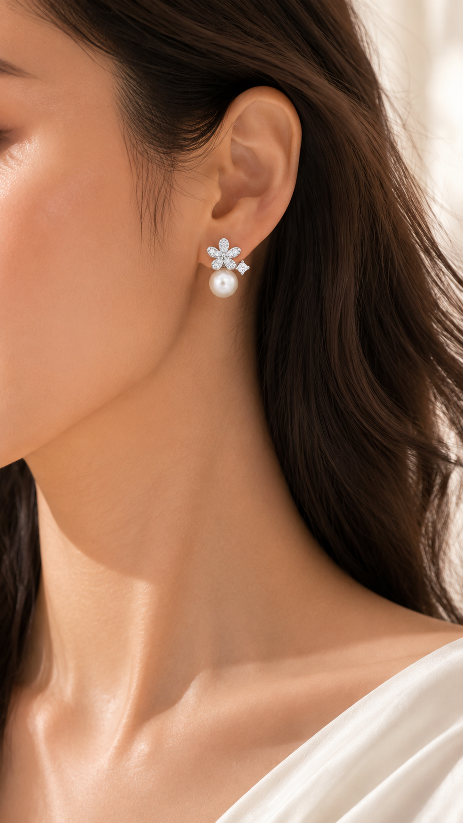 Silver Floral CZ Pearl Drop Stud Earrings for Women