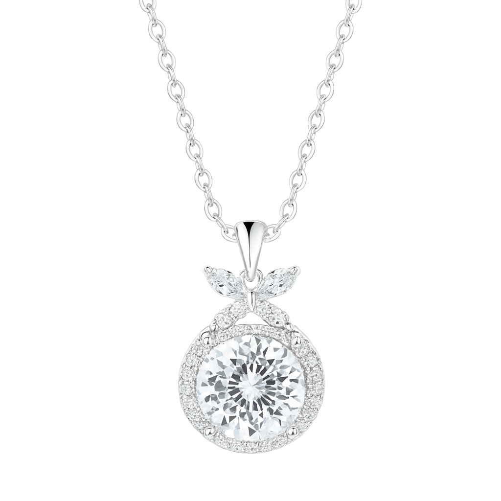 925 Silver Round Halo Pendant Necklace for Women – Leaf Accent CZ Stone Chain Design
