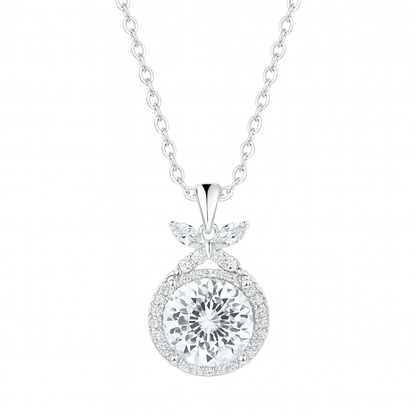 925 Silver Round Halo Pendant Necklace for Women – Leaf Accent CZ Stone Chain Design