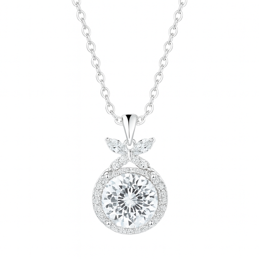 925 Silver Round Halo Pendant Necklace for Women – Leaf Accent CZ Stone Chain Design
