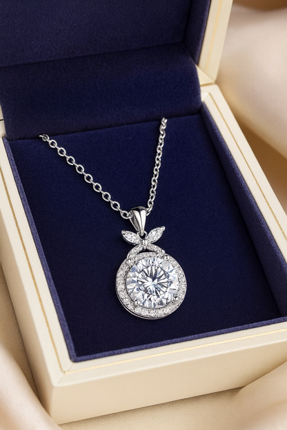 925 Silver Round Halo Pendant Necklace for Women – Leaf Accent CZ Stone Chain Design