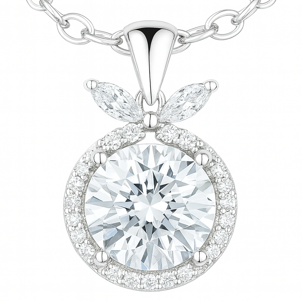 925 Silver Round Halo Pendant Necklace for Women – Leaf Accent CZ Stone Chain Design