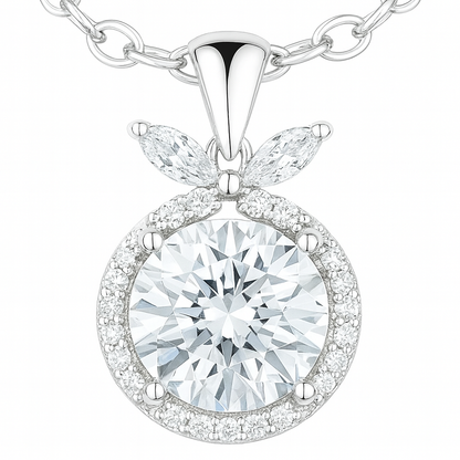925 Silver Round Halo Pendant Necklace for Women – Leaf Accent CZ Stone Chain Design
