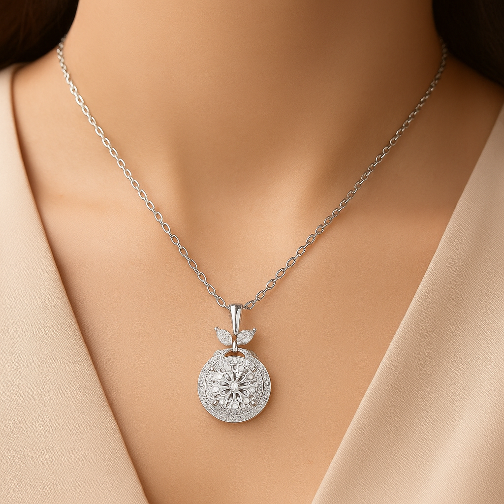 925 Silver Round Halo Pendant Necklace for Women – Leaf Accent CZ Stone Chain Design