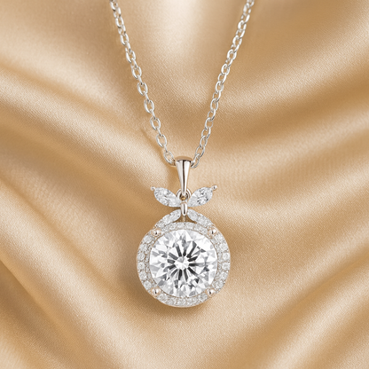 925 Silver Round Halo Pendant Necklace for Women – Leaf Accent CZ Stone Chain Design