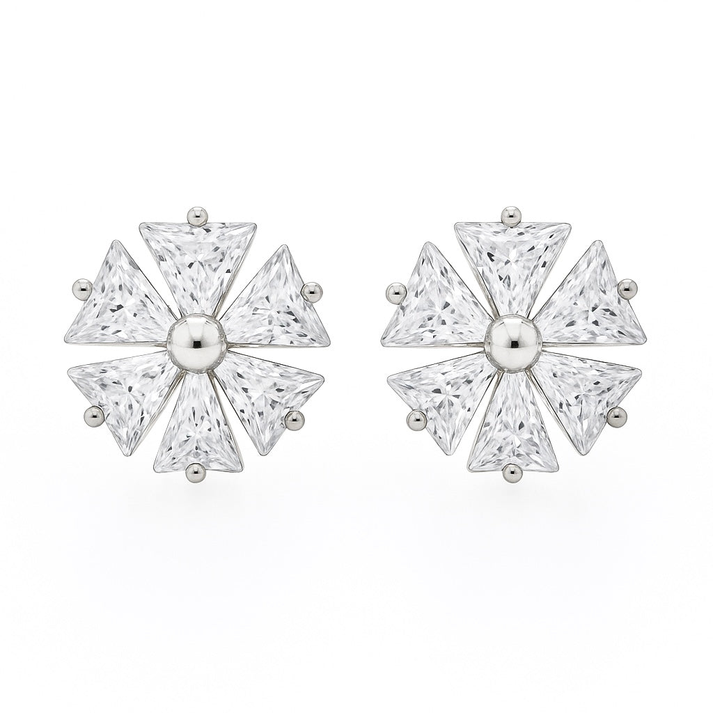 925 Silver Triangle Petal Floral Stud Earrings for Women