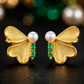 Elegant Gold Pearl & Green CZ Butterfly Stud Earrings