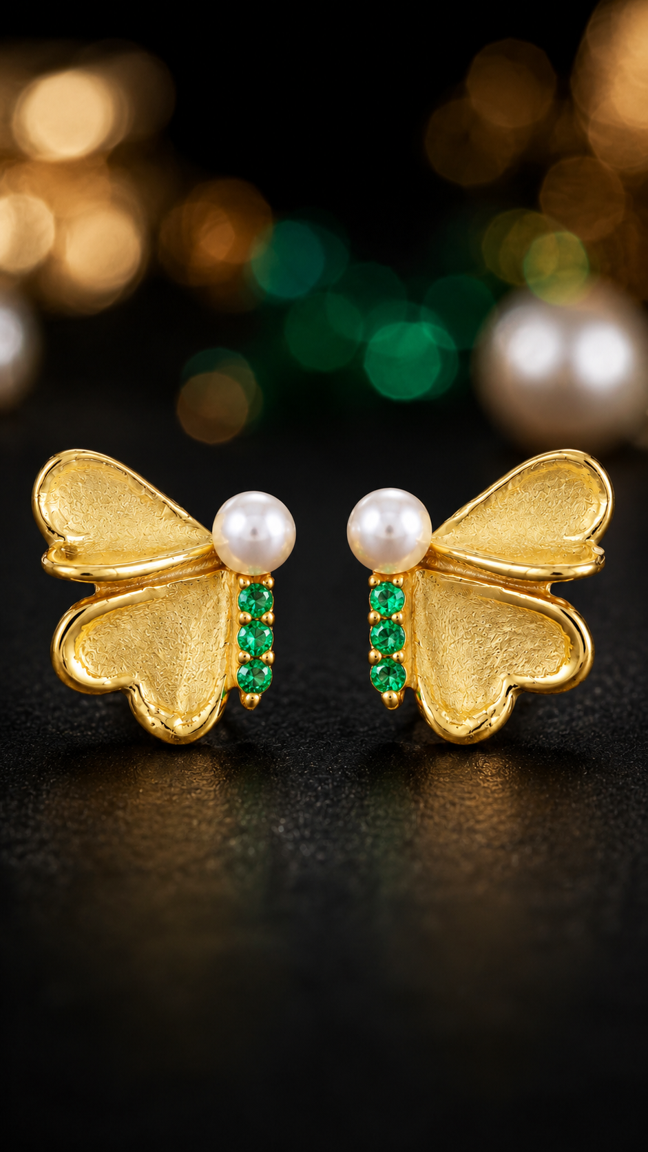 Elegant Gold Pearl & Green CZ Butterfly Stud Earrings